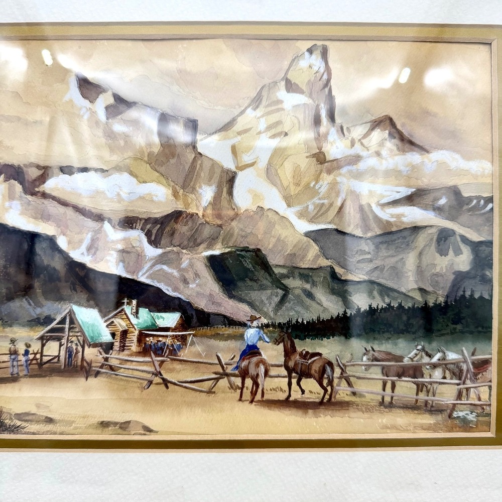 Vintage Western Watercolor Landscape Painting Framed Mountain Horse Cabin‎